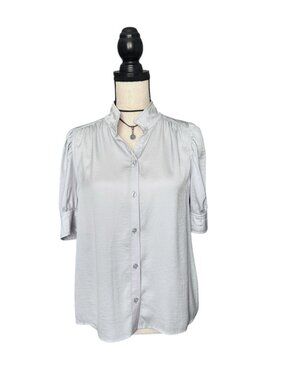 DKNY Jeans Pale Blue Button Front Blouse Size Medium Puff Sleeve Short Top